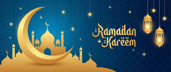 Islamic Holy Month Greeting Background with Golden Crescent Moon, Mosque Silhouettes, and Glowing Lanterns