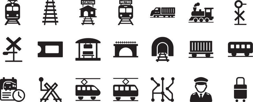 Railway line icon set with train, track and station symbols. Editable stroke vector EPS file.