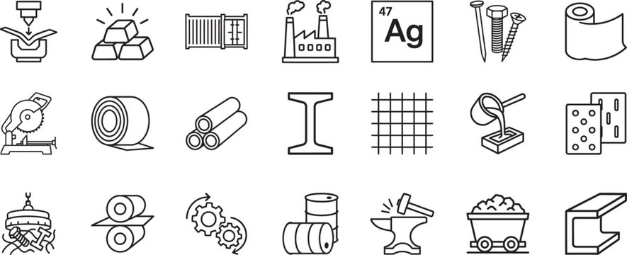 Steel line icon set with industry, metal and construction symbols. Editable stroke vector EPS.