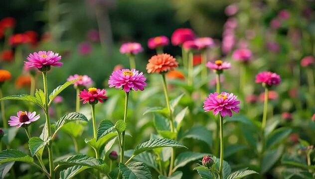 A backyard garden filled with mature scabiosa plants bearing multiple colorful blooms 