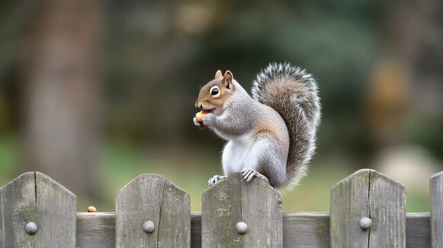 4K video of a cute squirrel on a wooden fence
