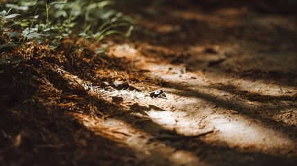 D d sunlight illuminates a textured forest path with sharp focus on pine needles and soil