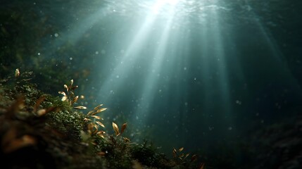 Obraz premium Sunlight filtering through clear blue water onto underwater plants and vegetation creating beautiful rays and illuminating particles
