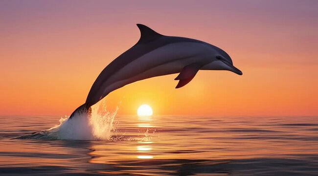 A dolphin jumping high above the ocean's surface during a vibrant sunset