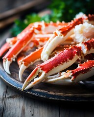 Close up of cooked crab claws on a wooden plate