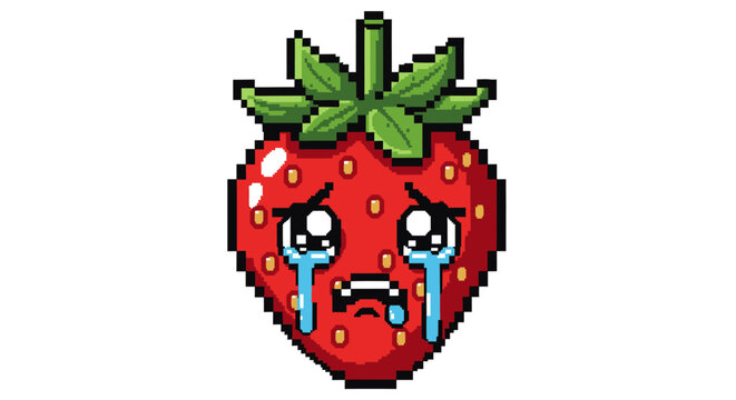 Sad Crying Strawberry Emoji Pixel Art.
