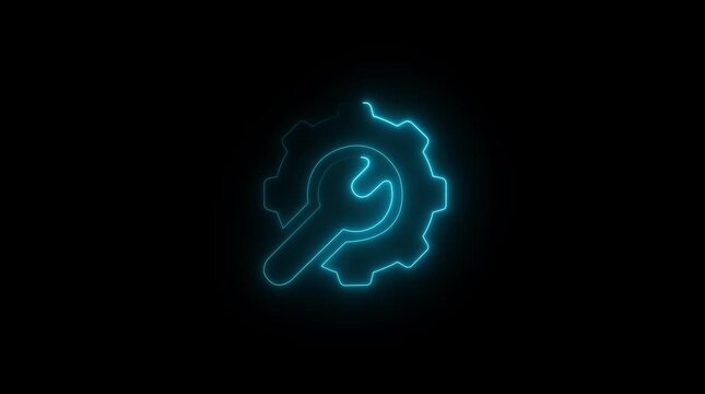 cyan neon line settings icon animation. with gear and wrench on black background for web applications and technical concepts. animation...