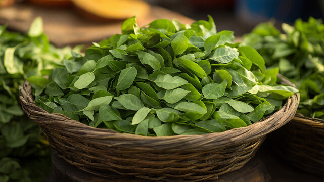 Heap of fresh green Agathi leaves in a woven wicker basket at a local market