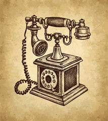Illustration of an antique corded rotary dial telephone on a decorative base. Engraving style. Retro vintage design on an aged paper background.