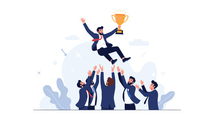 Obraz premium Successful business team celebrating victory by throwing their male colleague into the air with a golden trophy at a corporate event.