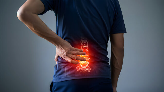 Man with glowing red spine indicating lower back pain and discomfort injury