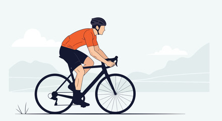 Fototapeta premium Man riding a bicycle wearing a helmet and orange shirt.
