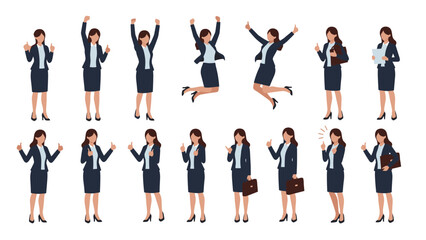 Fototapeta premium Collection of business woman characters in different energetic poses such as jumping for joy and giving thumbs up in a professional suit.