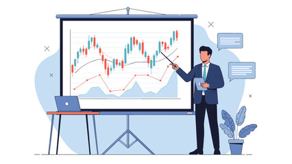 Professional businessman using a pointer to explain stock market data and candlestick charts on a large projection screen in an office.