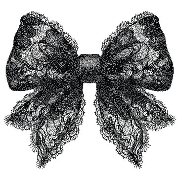 Intricate vintage black lace bow illustration with delicate floral patterns and frayed edges rendered in a detailed stippling technique on a clean white background evoking