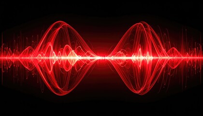 Naklejka premium Abstract image of a red sound wave pattern against a black background. The design is visually striking, suggesting rhythm, energy and vibrant sound