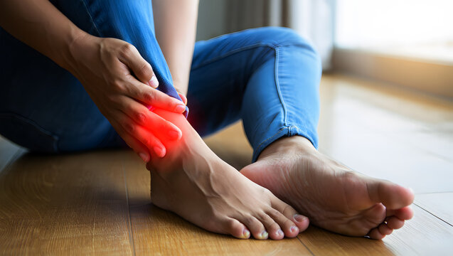 Person with bright red pain indicator on injured ankle sitting on wooden floor injury