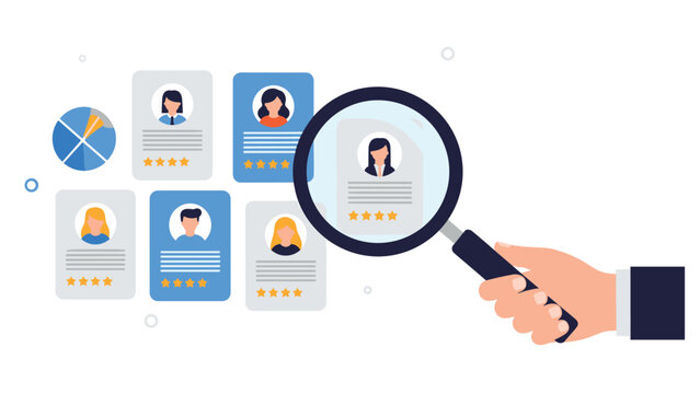 Human resources manager using a magnifying glass to review and select the best candidate profile from a group of diverse job seekers.