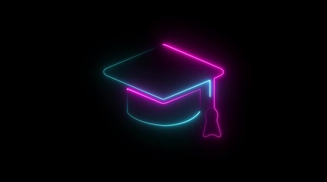 Neon line Graduation cap icon. Glowing neon academic hat, looped slow flashing. Graduation cap icon , line icon animation , Graduation day, graduation cap and diploma line icon animation