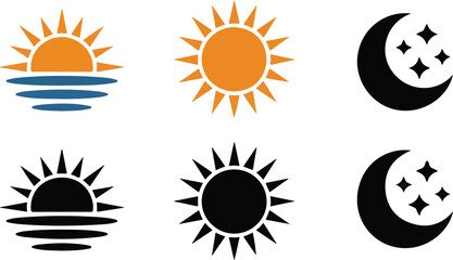 Sun and Moon Outline Icon Set Sunrise, Sunset, and Night Symbols © MD