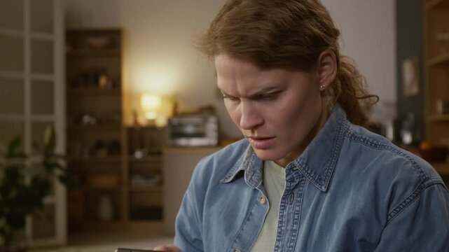 Medium close-up of young woman writing messages on smartphone at home, getting money transfer alerts, experiencing shock, crying with fear and panic, typing in password to log into bank application
