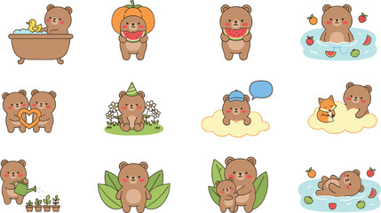 Cute teddy bear stickers set, adorable cartoon characters in different activities, kids illustration collection isolated on white © MstNilufar