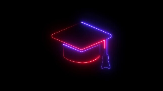 Neon line Graduation cap icon. Glowing neon academic hat, looped slow flashing. icon , line icon animation , Graduation day, graduation cap and diploma line icon animation on black background. 4k 