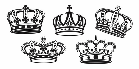 A collection of various crowns and tiaras in a black and white illustration Vector © rabby