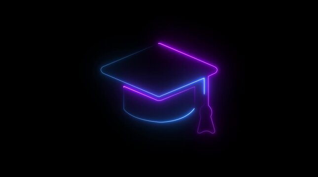 Neon line Graduation cap icon. Glowing neon academic hat, looped slow flashing.icon , line icon animation , Graduation day, graduation cap and diploma line icon animation on black background.