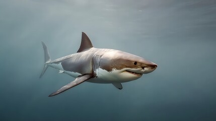 Obraz premium Great white shark glides through deep blue ocean waters in a dynamic underwater composition