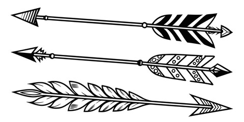 Two black and white arrows with intricate feather fletching and arrowheads Vector © rabby