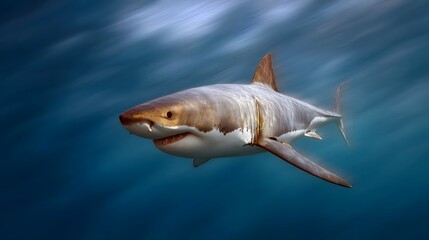 Obraz premium Majestic Great White Shark Gliding Through Deep Blue Ocean Waters in Dynamic Motion