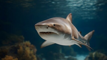 Fototapeta premium A powerful shark with its mouth slightly open revealing sharp teeth swims in the deep blue ocean with coral formations in the background