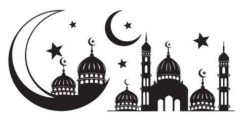 Silhouettes of mosques and crescent moons against a starry sky Vector © rabby