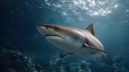 Fototapeta premium A powerful shark swims gracefully in clear blue ocean water with sunlight filtering from above