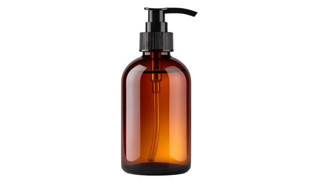 Amber bottle with dispenser isolated on transparent background, ideal for showcasing cosmetic or skincare products