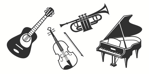 A variety of musical instruments including a guitar, violin, trumpet, and piano Vector © rabby