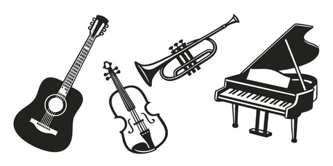 Fototapeta premium A collection of musical instruments including a guitar, violin, trumpet, and piano. Vector