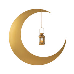 Golden crescent moon with hanging lantern isolated on a transparent background