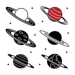 A collection of six unique planets with distinct patterns and colors Vector © rabby