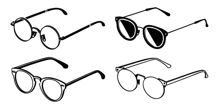 Four distinct styles of eyeglasses showcasing various shapes and designs Vector