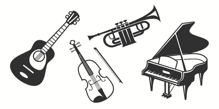 A variety of musical instruments including a guitar, violin, trumpet, and piano Vector