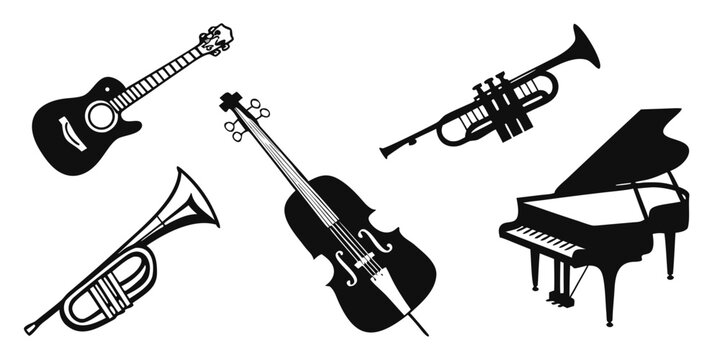 A collection of musical instruments including a piano, violin, guitar, trumpet, and trombone Vector