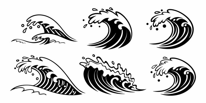 A sequence of eight stylized waves in various forms and stages of motion Vector