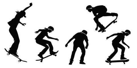 Skateboarders performing various tricks and stunts in silhouette form Vector © rabby