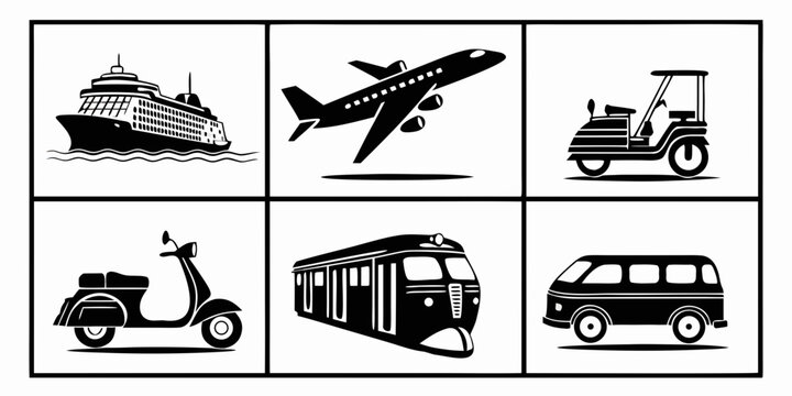 A diverse collection of transportation icons showcasing various modes of travel Vector