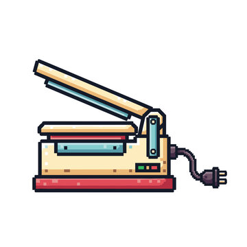 Illustration of an open vacuum sealer with lid raised, depicted in a colorful pixel art style, isolated on a white background