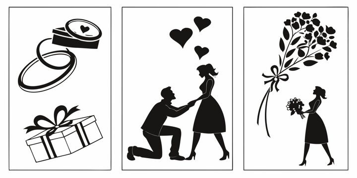 A man proposing with a ring while holding flowers and a gift. Vector