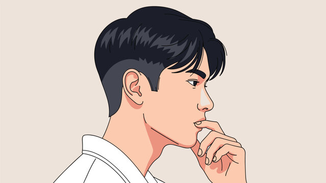 Artistic profile portrait of a thoughtful young man with black hair looking ahead against a plain neutral background in a clean style.