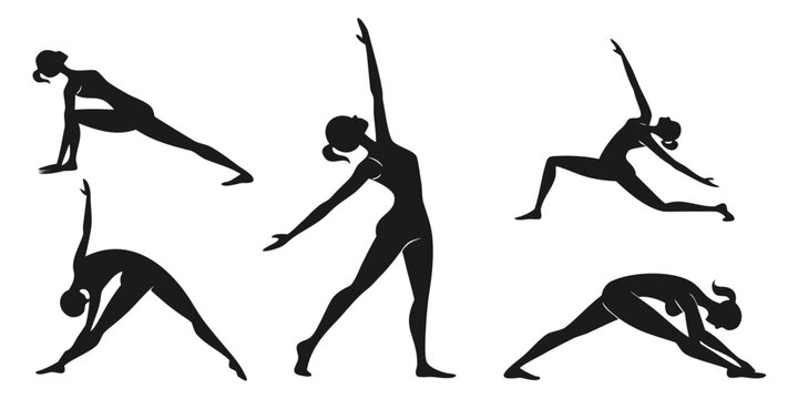 Five different yoga poses demonstrated by a single person in a sequence Vector